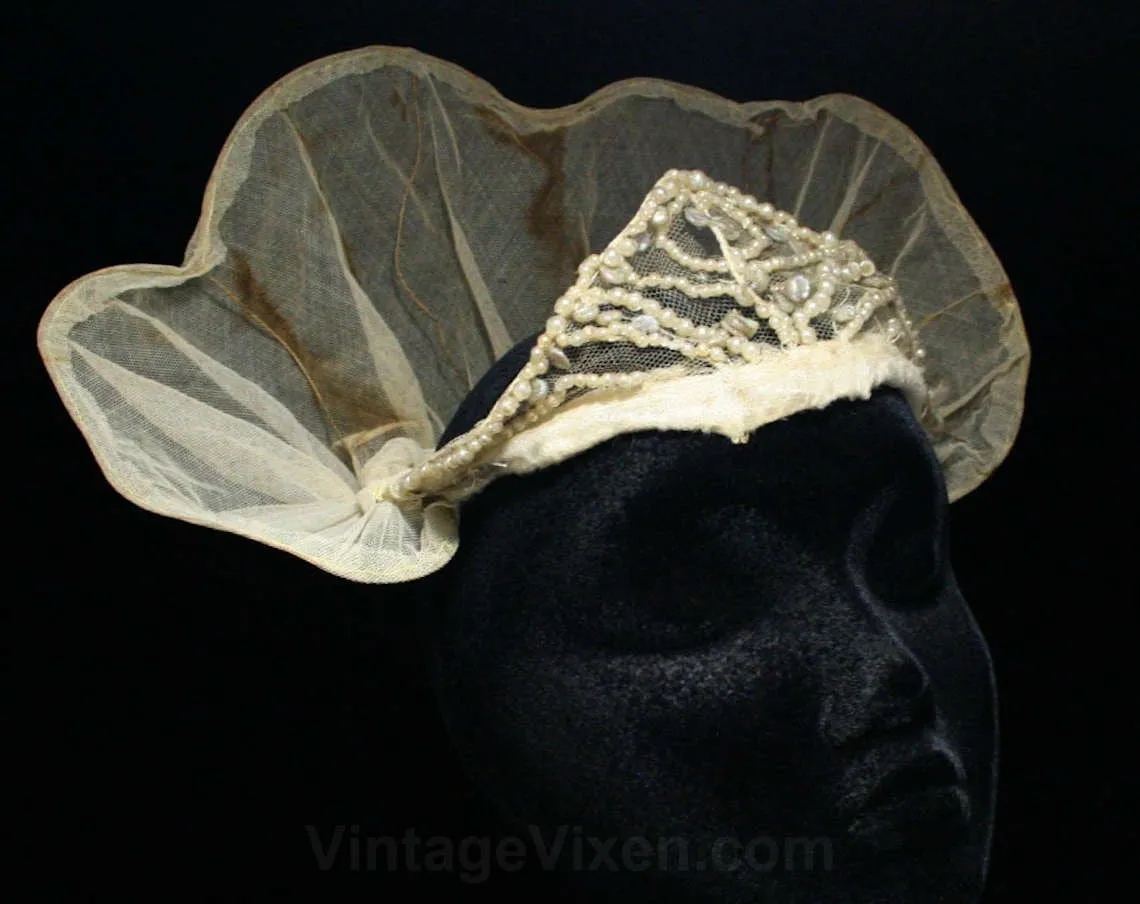 1920s Wedding Crown - 20s Bridal Millinery - Bride's Headwear - Fine Net - Faux Pearls - Tiara Style Hat - Fantasy Headpiece - 45070