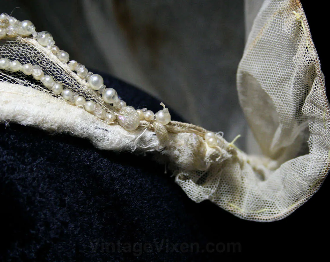 1920s Wedding Crown - 20s Bridal Millinery - Bride's Headwear - Fine Net - Faux Pearls - Tiara Style Hat - Fantasy Headpiece - 45070