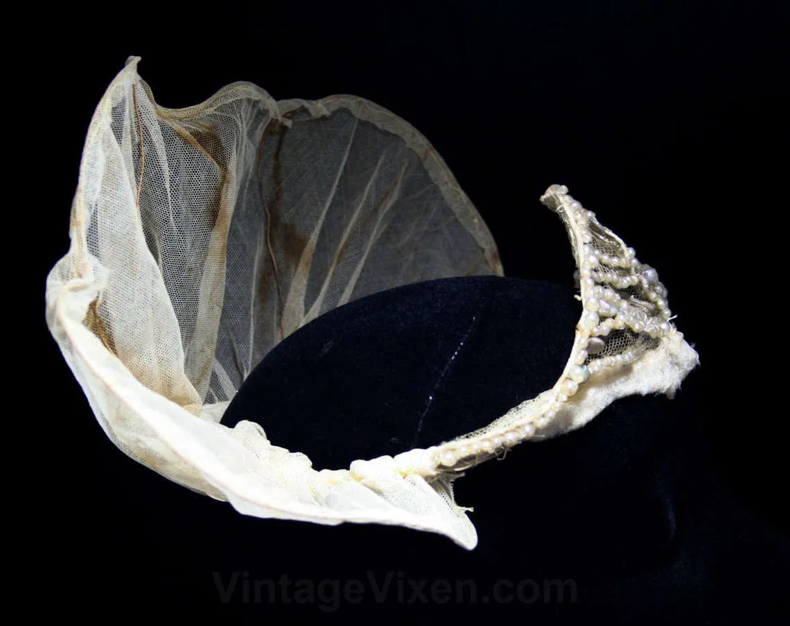 1920s Wedding Crown - 20s Bridal Millinery - Bride's Headwear - Fine Net - Faux Pearls - Tiara Style Hat - Fantasy Headpiece - 45070