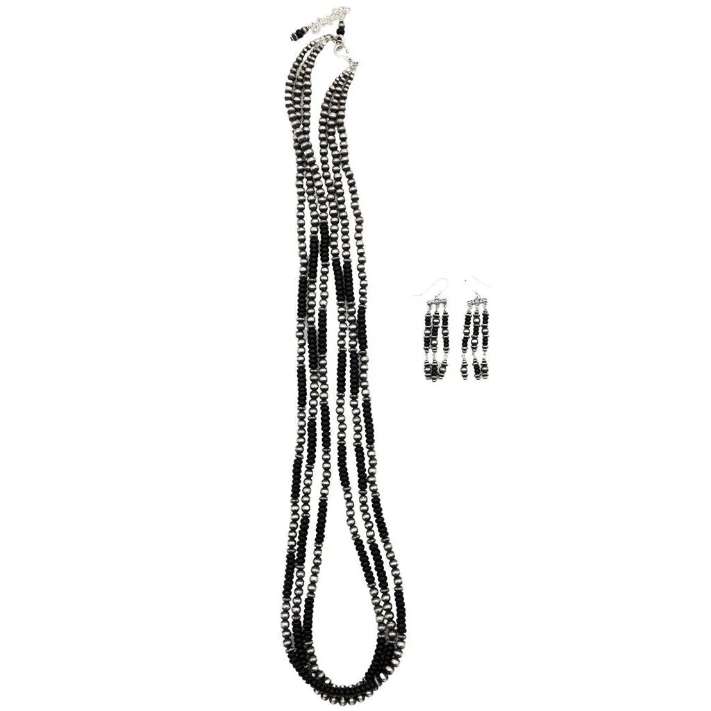 3 Strand Onyx and Sterling Silver Bead Necklace and Earring Set