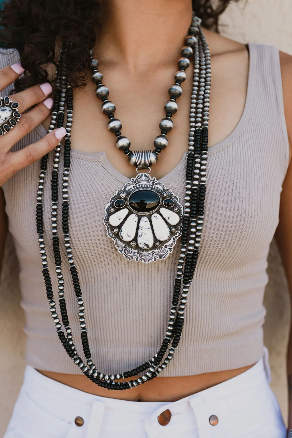3 Strand Onyx and Sterling Silver Bead Necklace and Earring Set