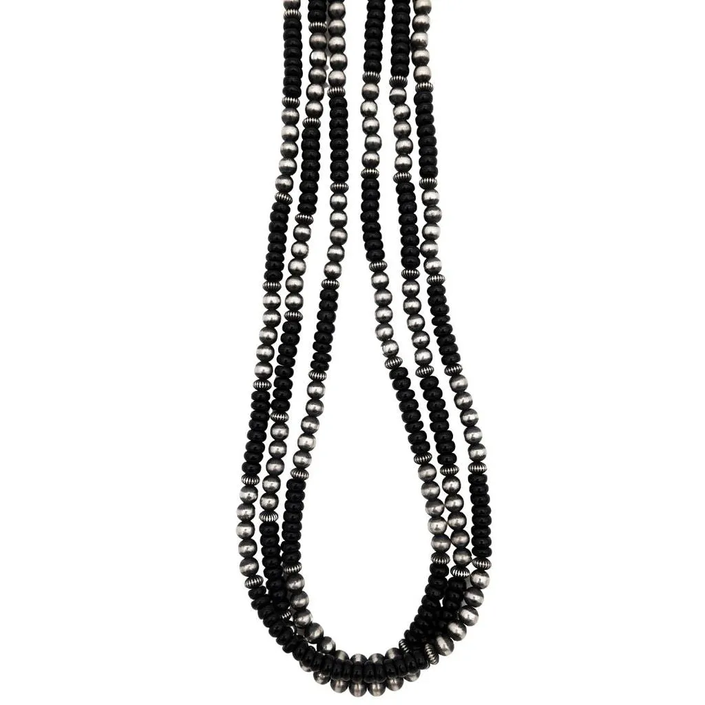3 Strand Onyx and Sterling Silver Bead Necklace and Earring Set