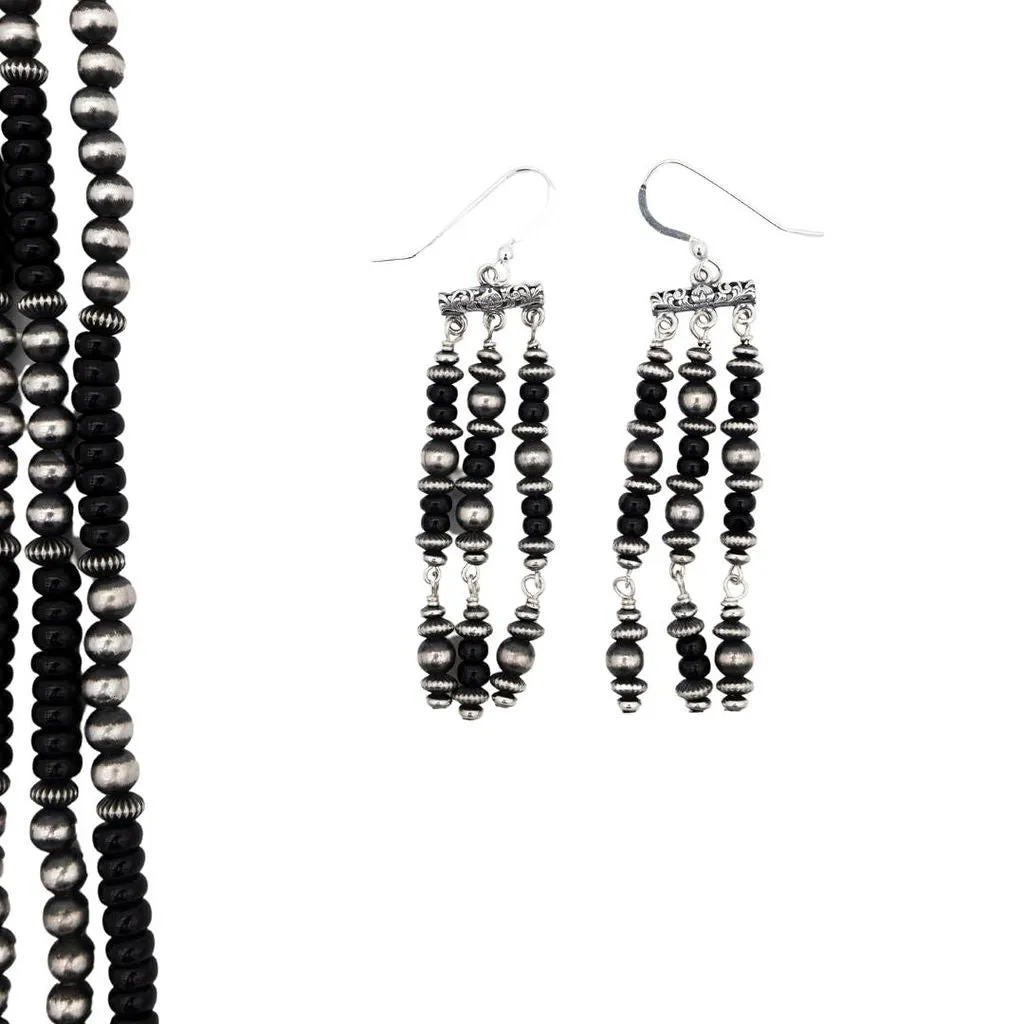 3 Strand Onyx and Sterling Silver Bead Necklace and Earring Set