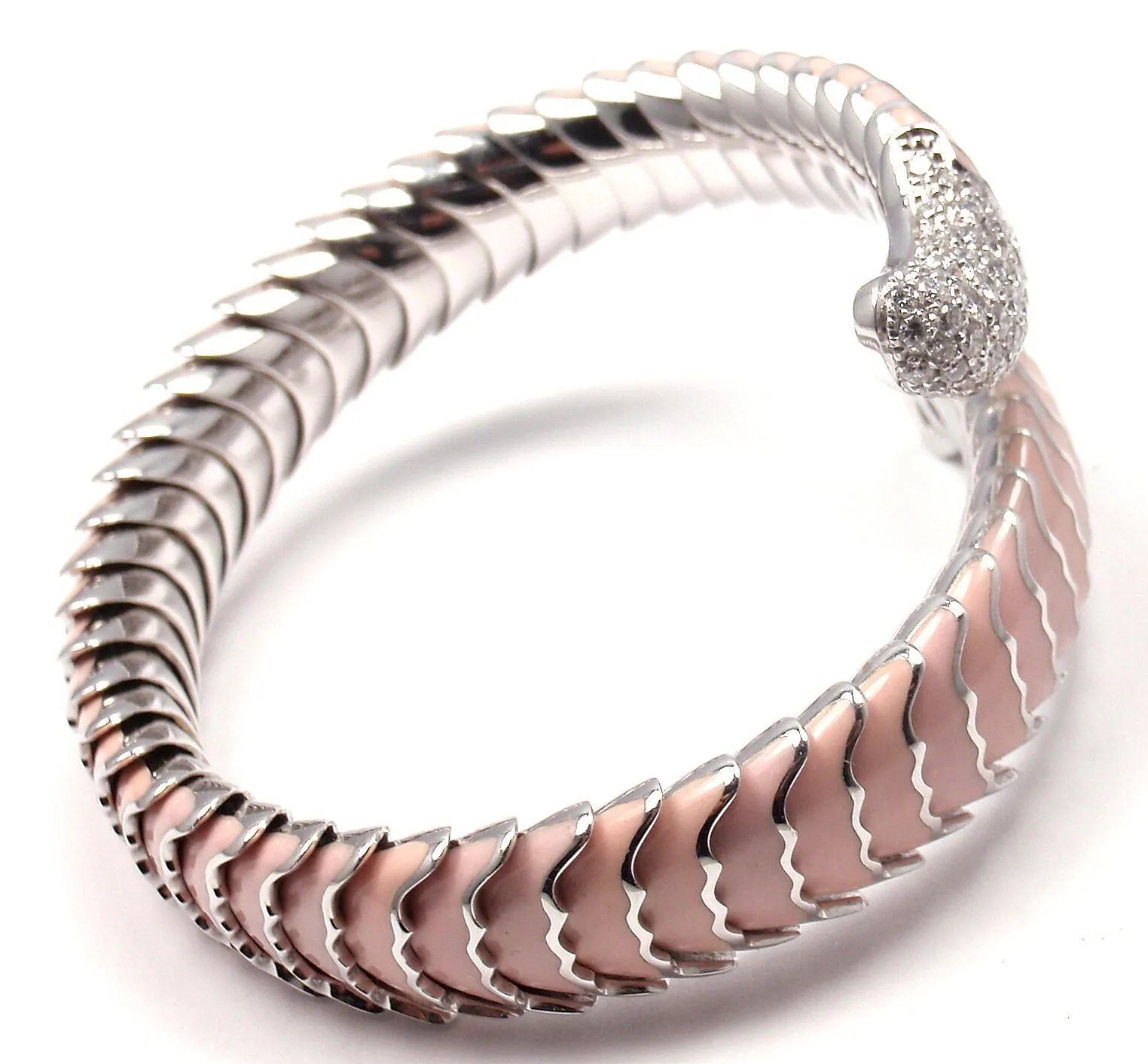 Authentic! Roberto Coin 18k White Gold Enamel Ruby Diamond Cobra Bangle Bracelet