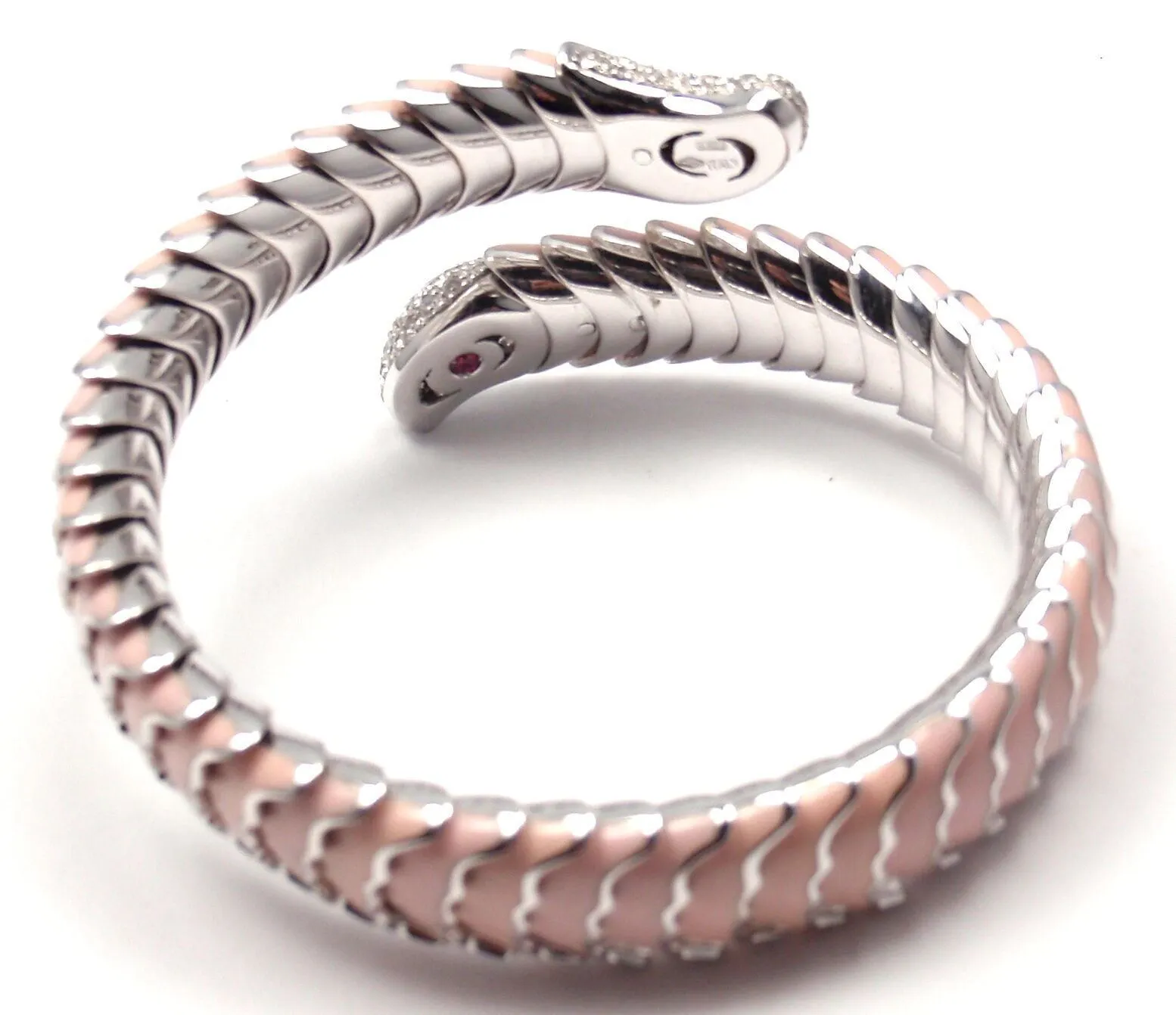 Authentic! Roberto Coin 18k White Gold Enamel Ruby Diamond Cobra Bangle Bracelet