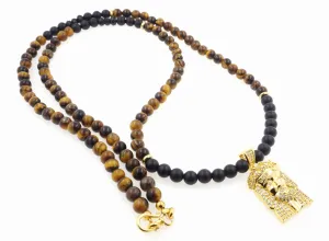 Be Blessed Gold Jesus Swarovski Jewel Pendant and Black Onyx Bead Necklace