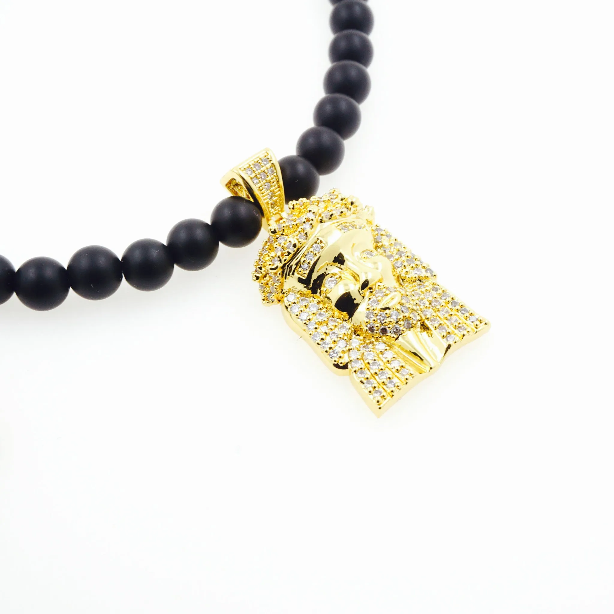 Be Blessed Gold Jesus Swarovski Jewel Pendant and Black Onyx Bead Necklace