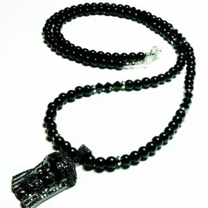 Black Jesus Black Swarovski Jewel Pendant and Black Onyx Bead Necklace