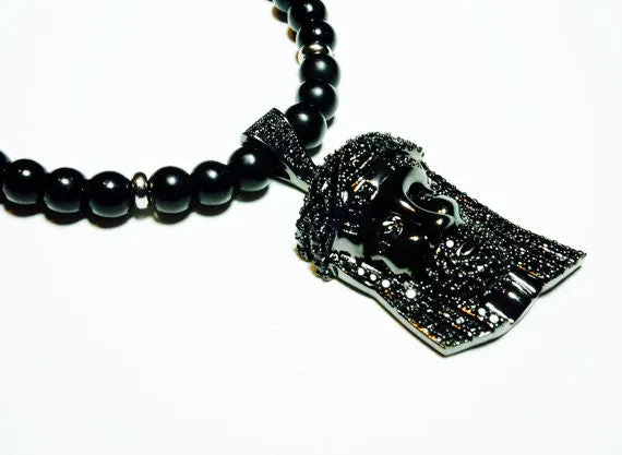 Black Jesus Black Swarovski Jewel Pendant and Black Onyx Bead Necklace