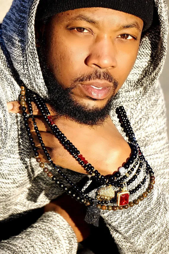 Black Jesus Black Swarovski Jewel Pendant and Black Onyx Bead Necklace