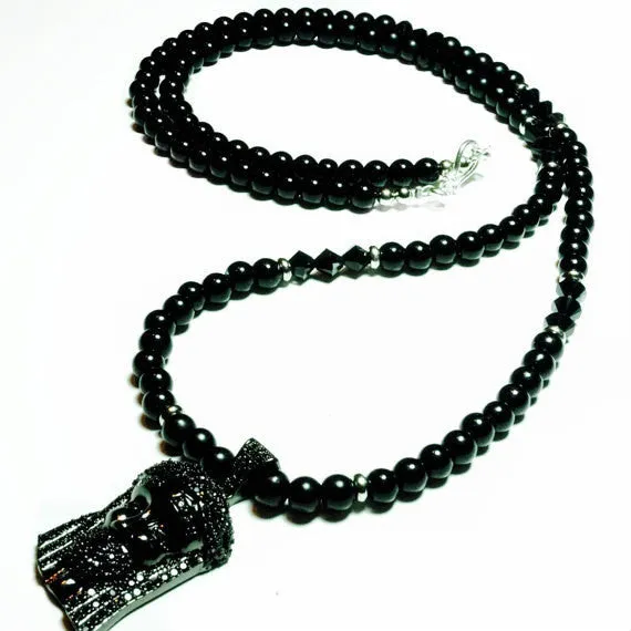 Black Jesus Black Swarovski Jewel Pendant and Black Onyx Bead Necklace
