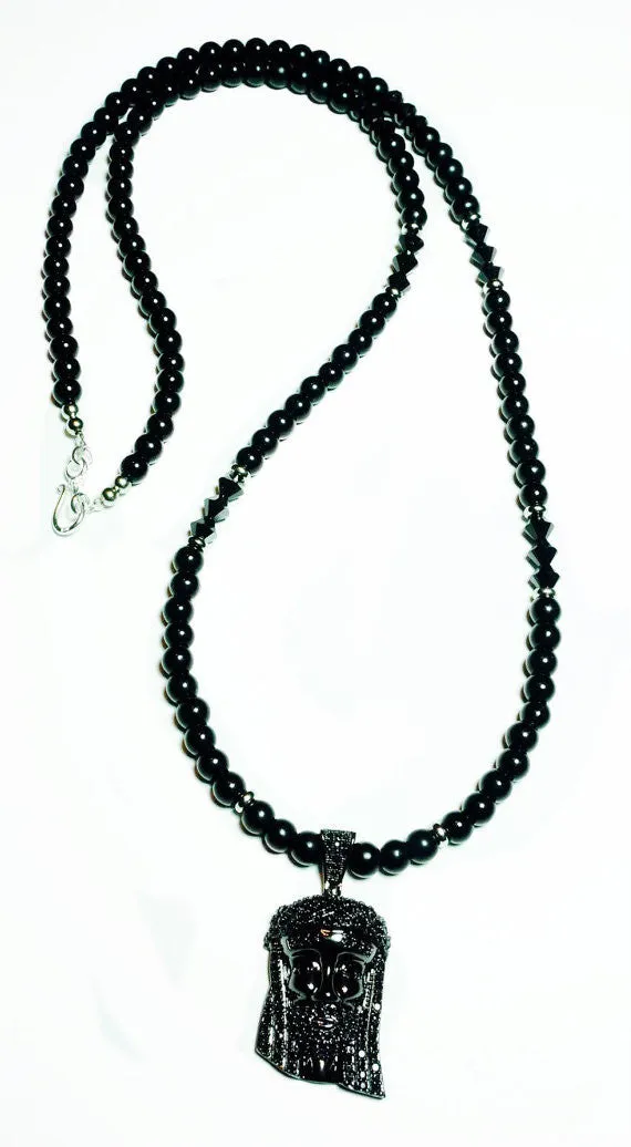 Black Jesus Black Swarovski Jewel Pendant and Black Onyx Bead Necklace