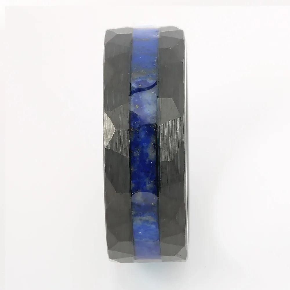 Black Tungsten Lapis Lazuli Inlaid Diamond Cut Flat Wedding Ring 8mm