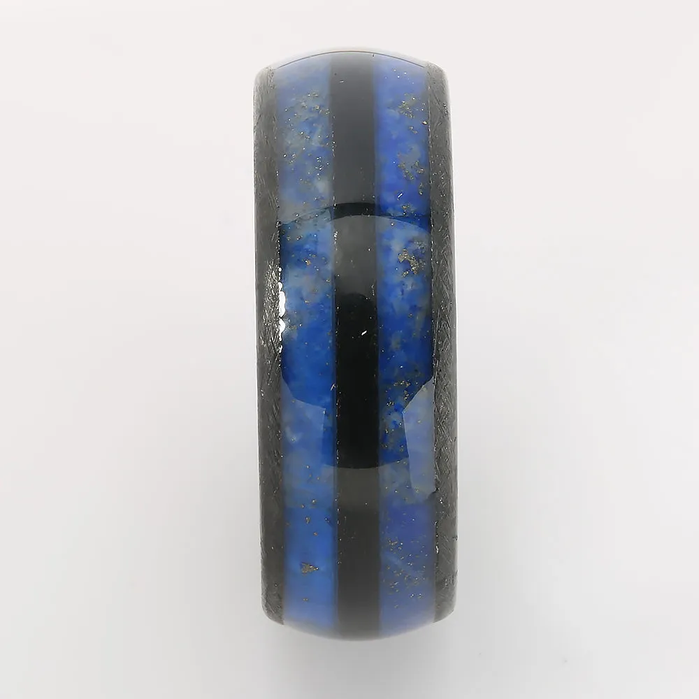 Black Tungsten Lapis Lazuli Inlaid Double Row Oval Wedding Ring 8mm