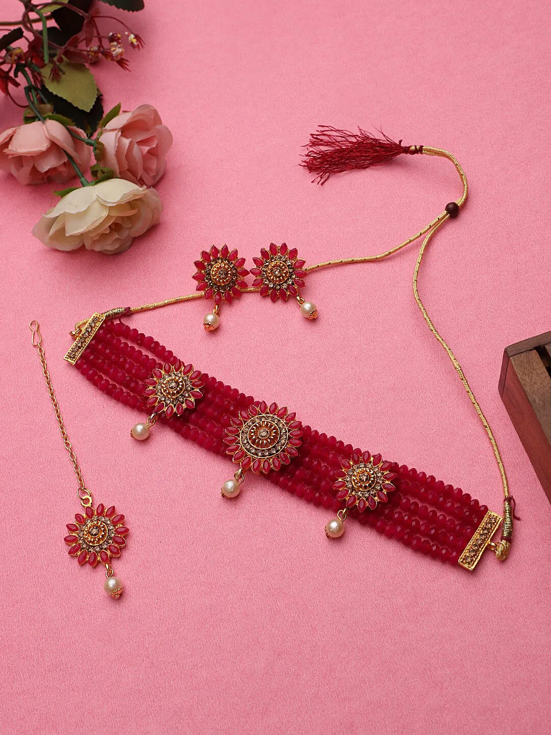 Cardinal Gold-Toned & Pink Onyx-Studded & Beaded Jewellery Set