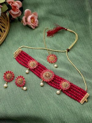 Cardinal Gold-Toned & Pink Onyx-Studded & Beaded Jewellery Set
