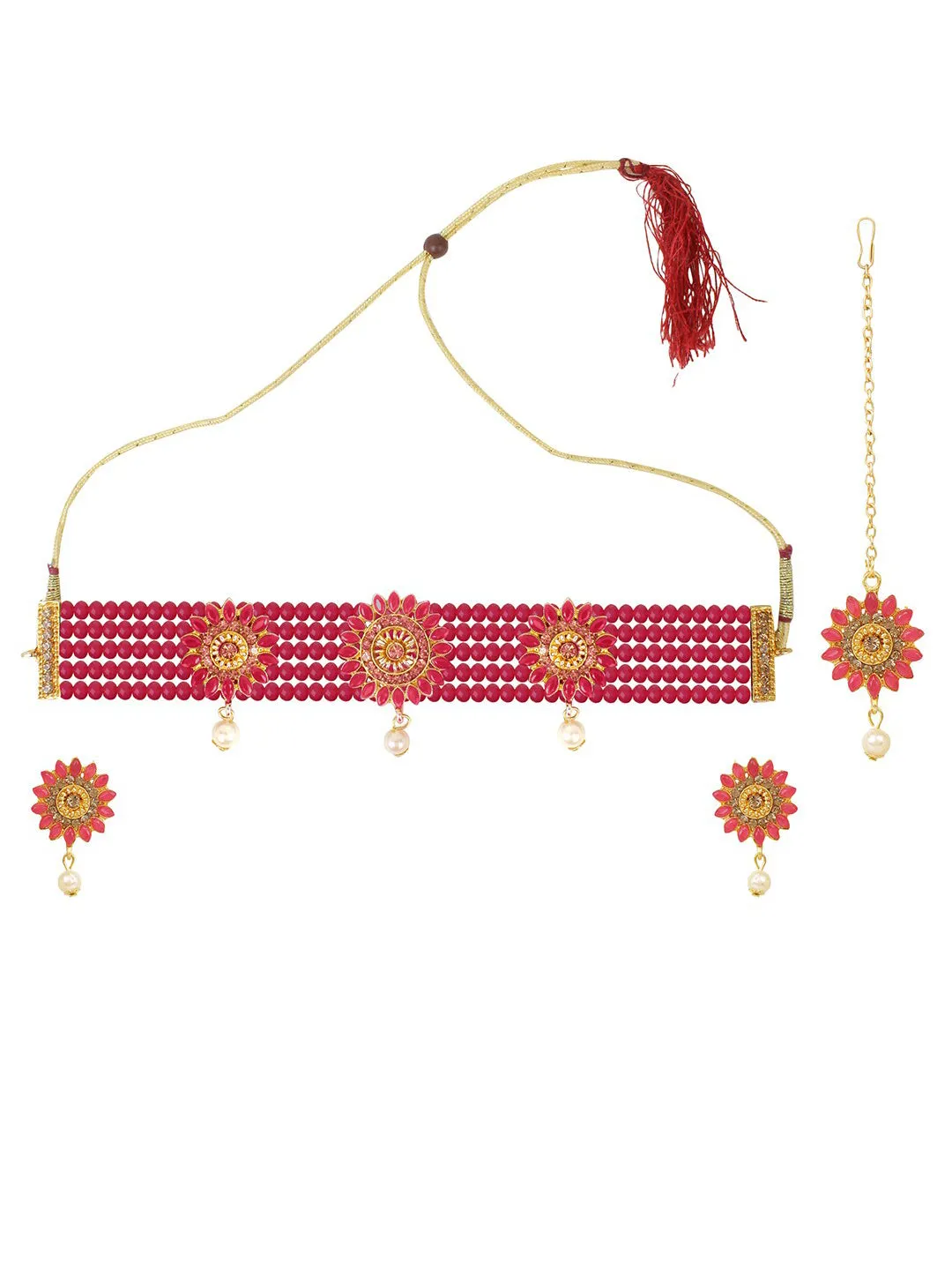 Cardinal Gold-Toned & Pink Onyx-Studded & Beaded Jewellery Set