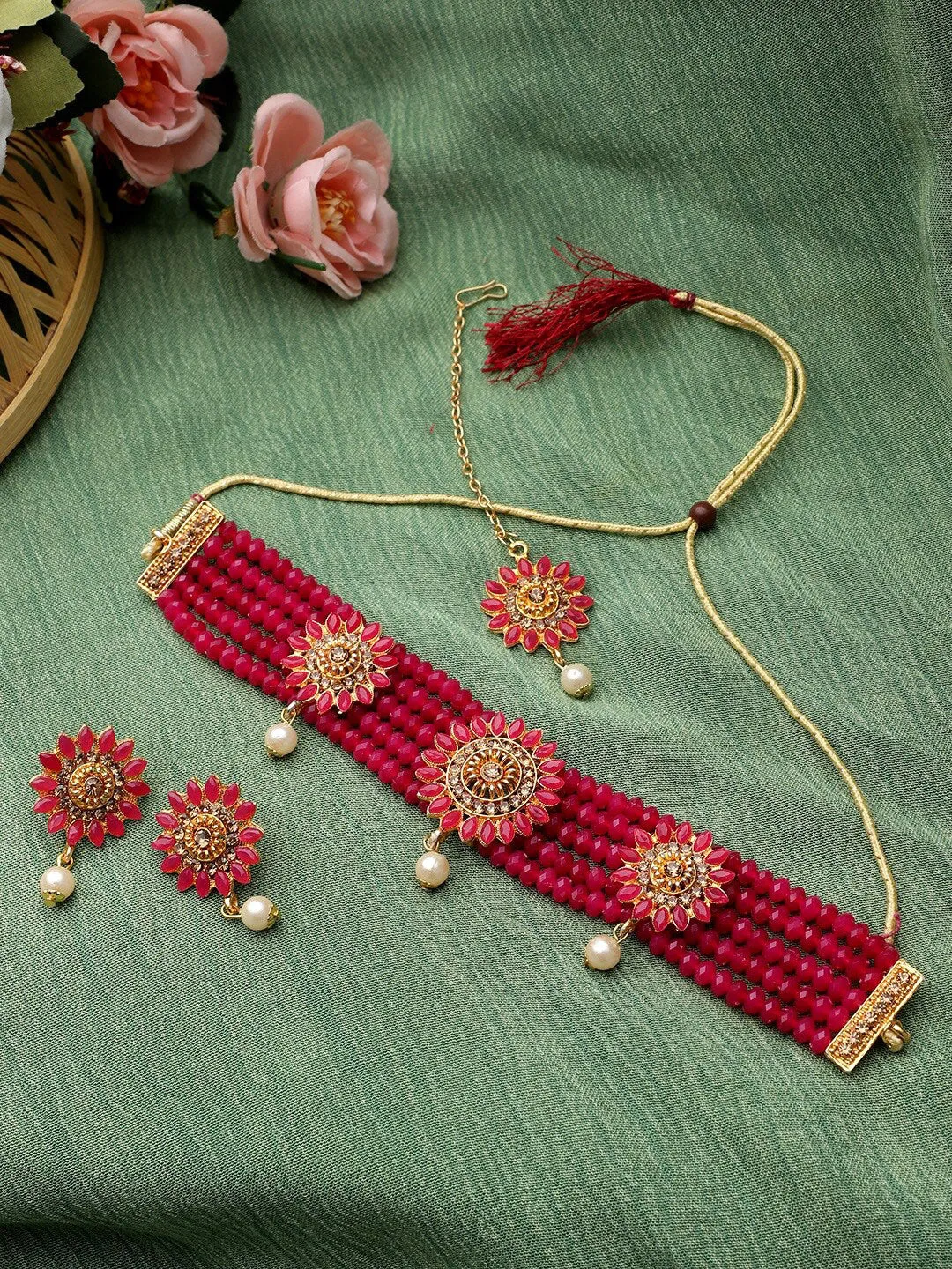 Cardinal Gold-Toned & Pink Onyx-Studded & Beaded Jewellery Set