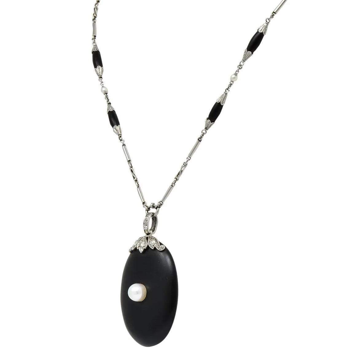 Circa 1910 Edwardian Diamond Natural Pearl Onyx Platinum Long Chain Necklace
