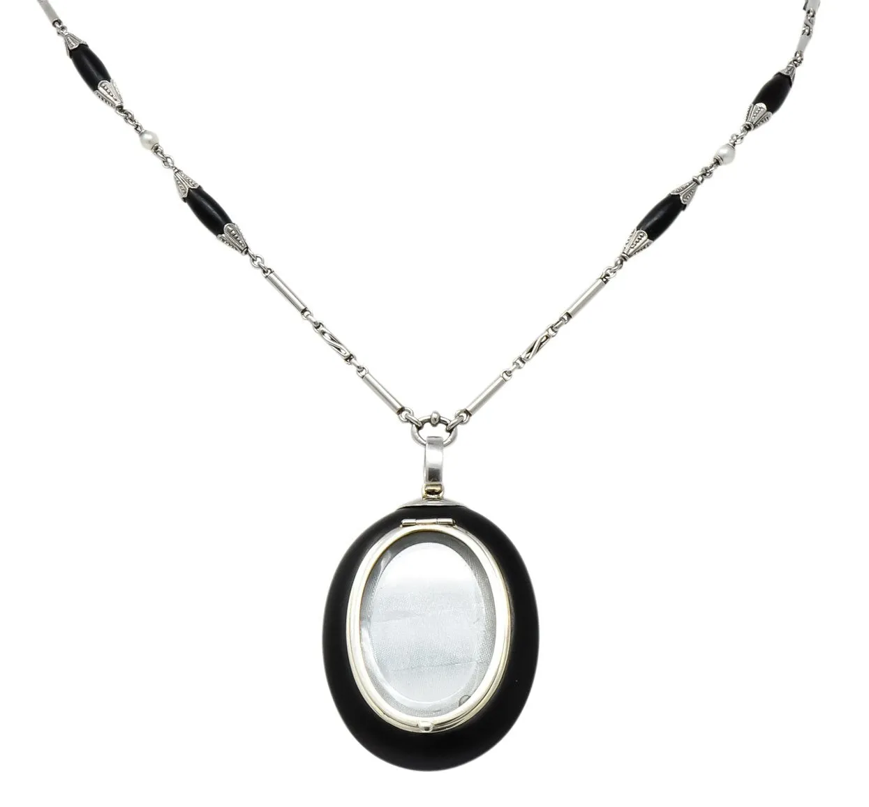 Circa 1910 Edwardian Diamond Natural Pearl Onyx Platinum Long Chain Necklace