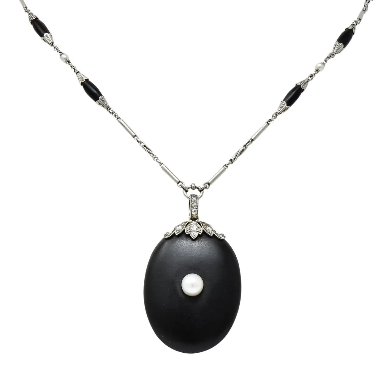 Circa 1910 Edwardian Diamond Natural Pearl Onyx Platinum Long Chain Necklace