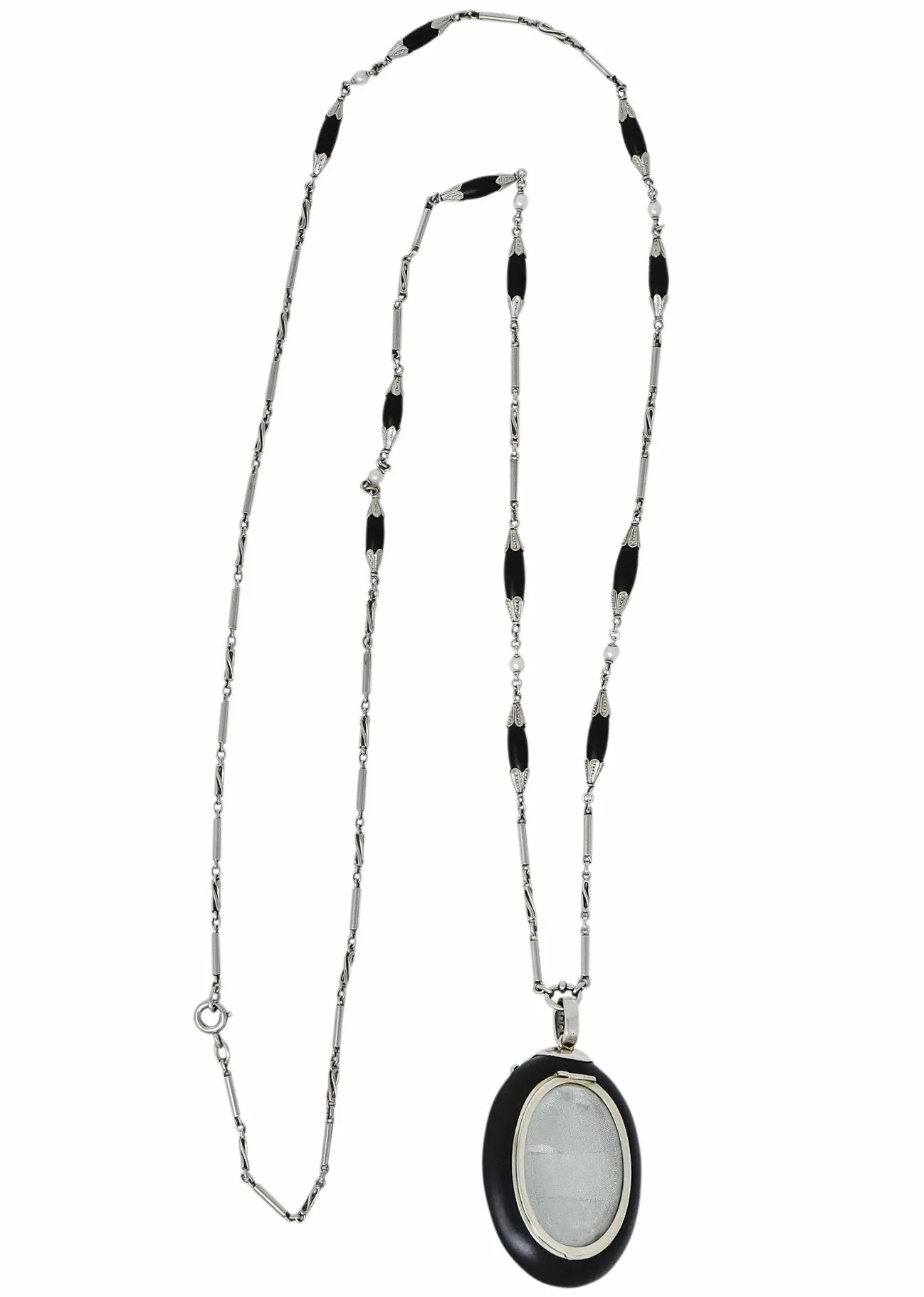 Circa 1910 Edwardian Diamond Natural Pearl Onyx Platinum Long Chain Necklace