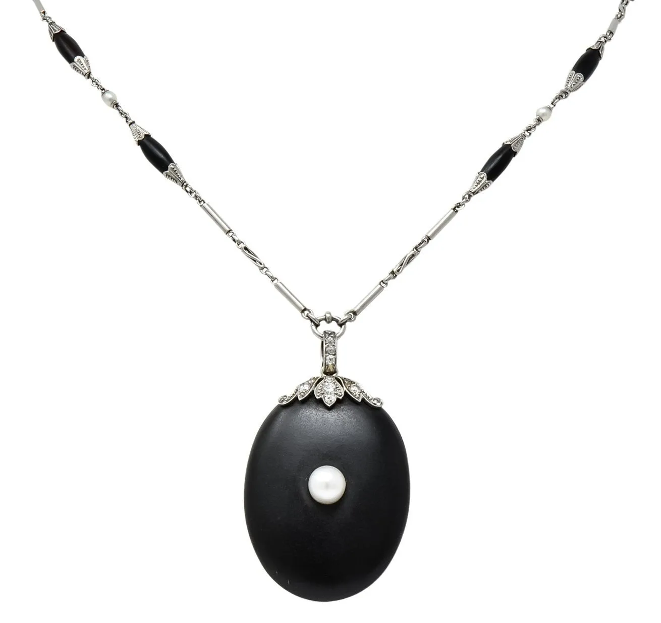 Circa 1910 Edwardian Diamond Natural Pearl Onyx Platinum Long Chain Necklace