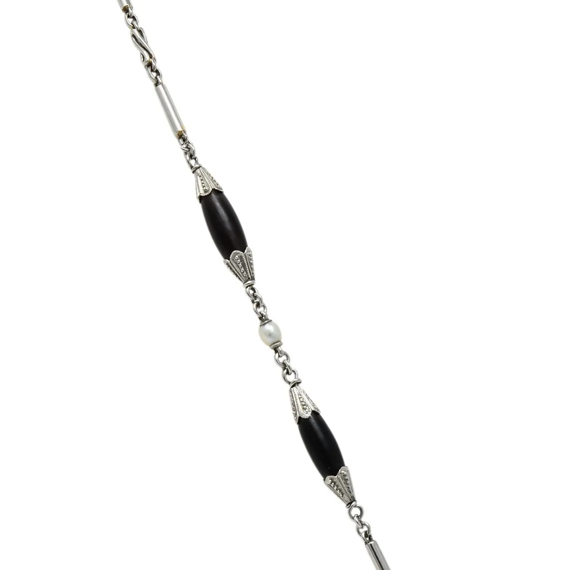 Circa 1910 Edwardian Diamond Natural Pearl Onyx Platinum Long Chain Necklace