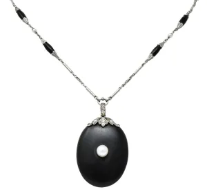 Circa 1910 Edwardian Diamond Natural Pearl Onyx Platinum Long Chain Necklace