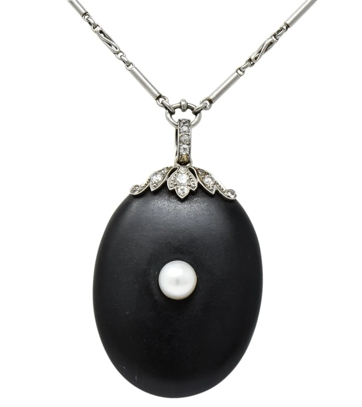 Circa 1910 Edwardian Diamond Natural Pearl Onyx Platinum Long Chain Necklace