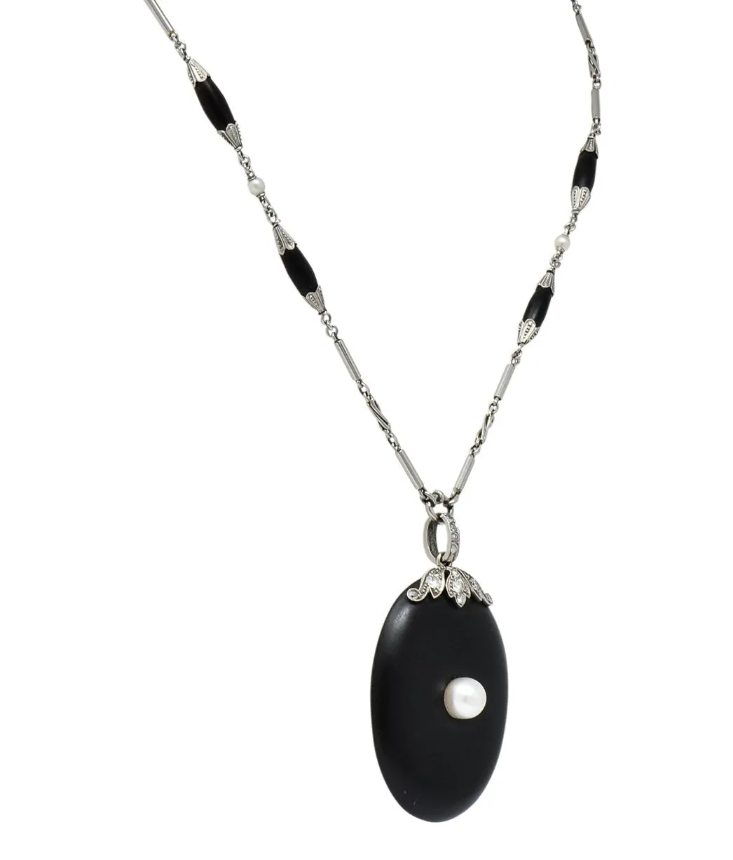 Circa 1910 Edwardian Diamond Natural Pearl Onyx Platinum Long Chain Necklace