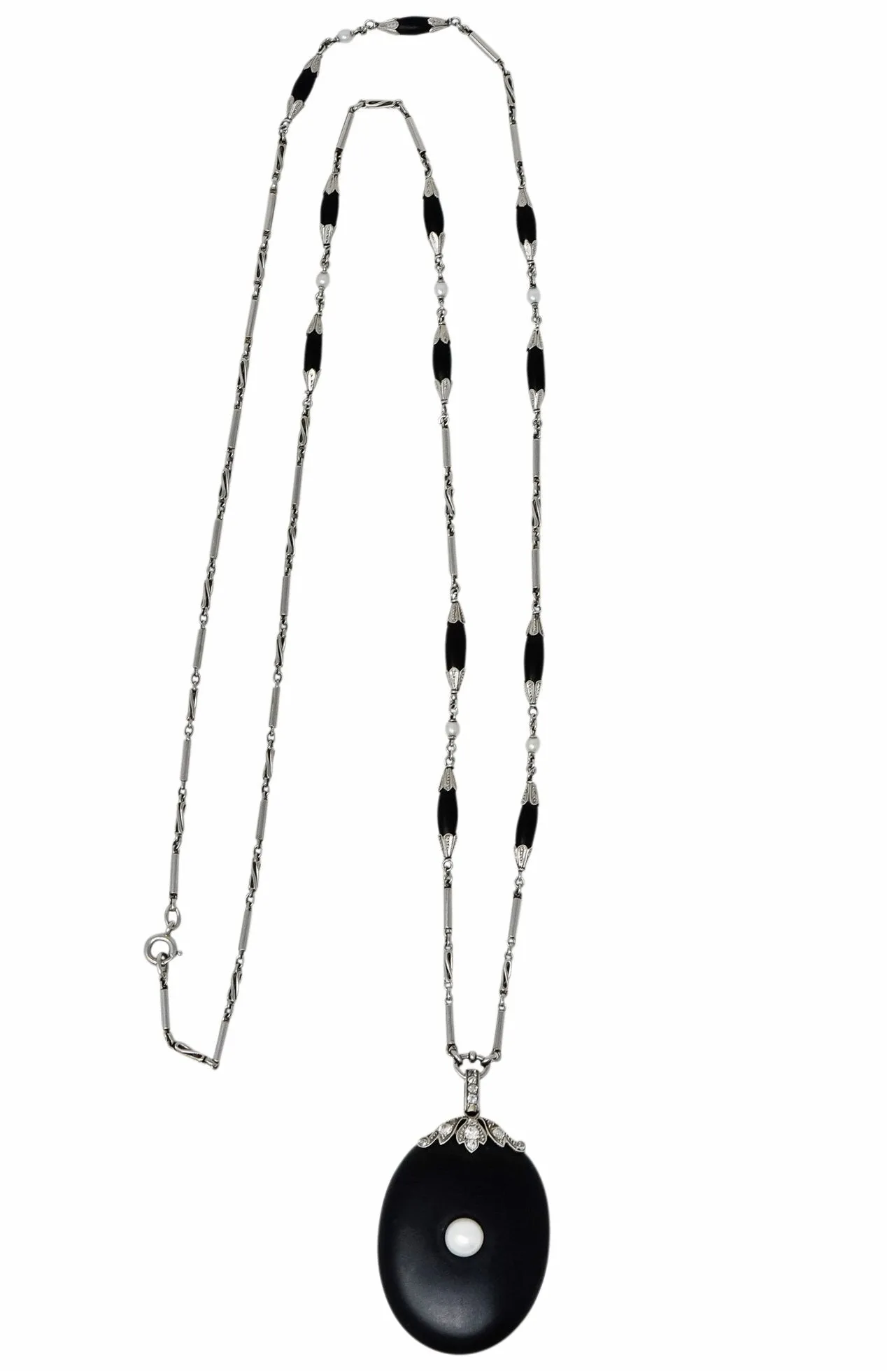 Circa 1910 Edwardian Diamond Natural Pearl Onyx Platinum Long Chain Necklace