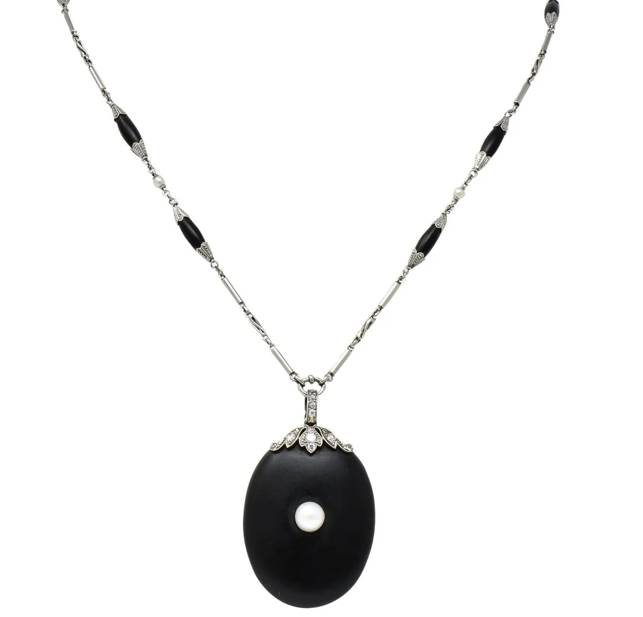 Circa 1910 Edwardian Diamond Natural Pearl Onyx Platinum Long Chain Necklace