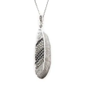 Feather Pendant Necklace in Marcasite, Black Onyx and Sterling Silver