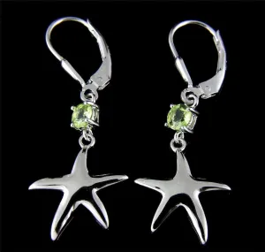 GENUINE PERIDOT SILVER 925 HAWAIIAN SHINY STARFISH LEVERBACK EARRINGS RHODIUM (SFJ-30)