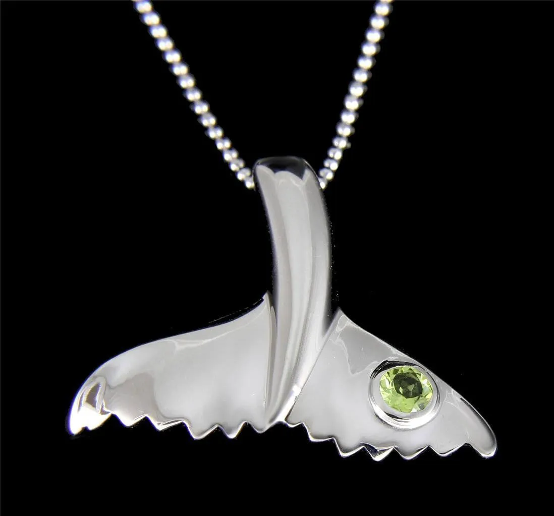 GENUINE PERIDOT SILVER 925 HAWAIIAN WHALE TAIL PENDANT MEDIUM LARGE RHODIUM (WJ-21)