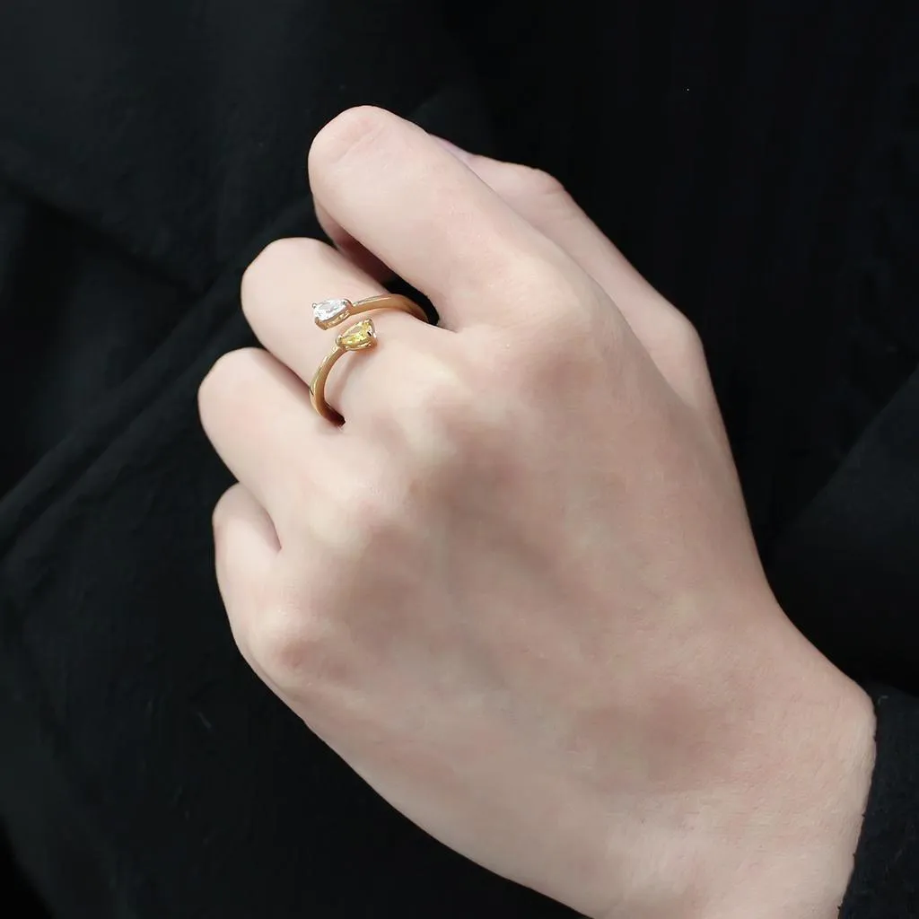 IP Gold(Ion Plating) Stainless Steel Ring with AAA Grade CZ in Topaz for Women Style TK3586