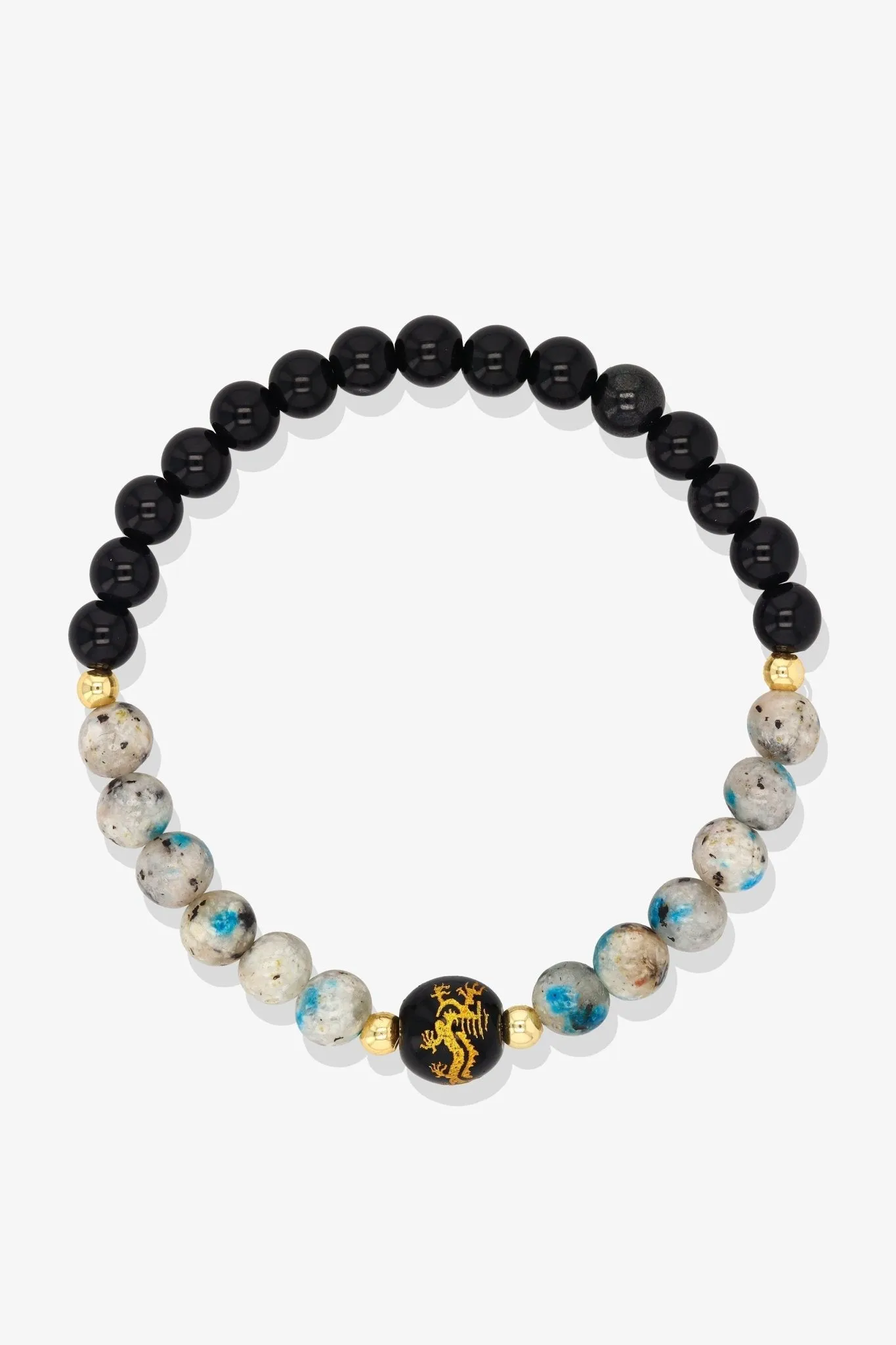 Lapis Lazuli and Black Obsidian Lucky Dragon Feng Shui Bracelet REAL Gold - Wisdom