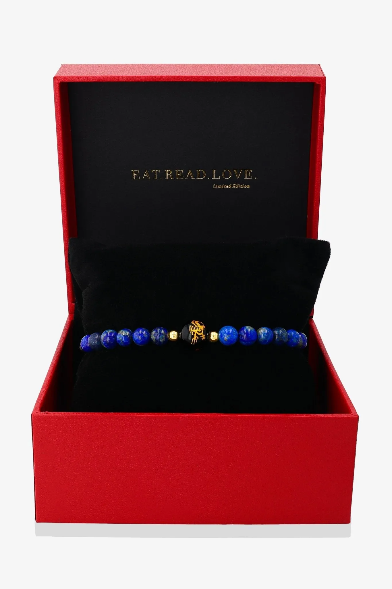 Lapis Lazuli and Black Obsidian Lucky Dragon Feng Shui Bracelet REAL Gold - Wisdom