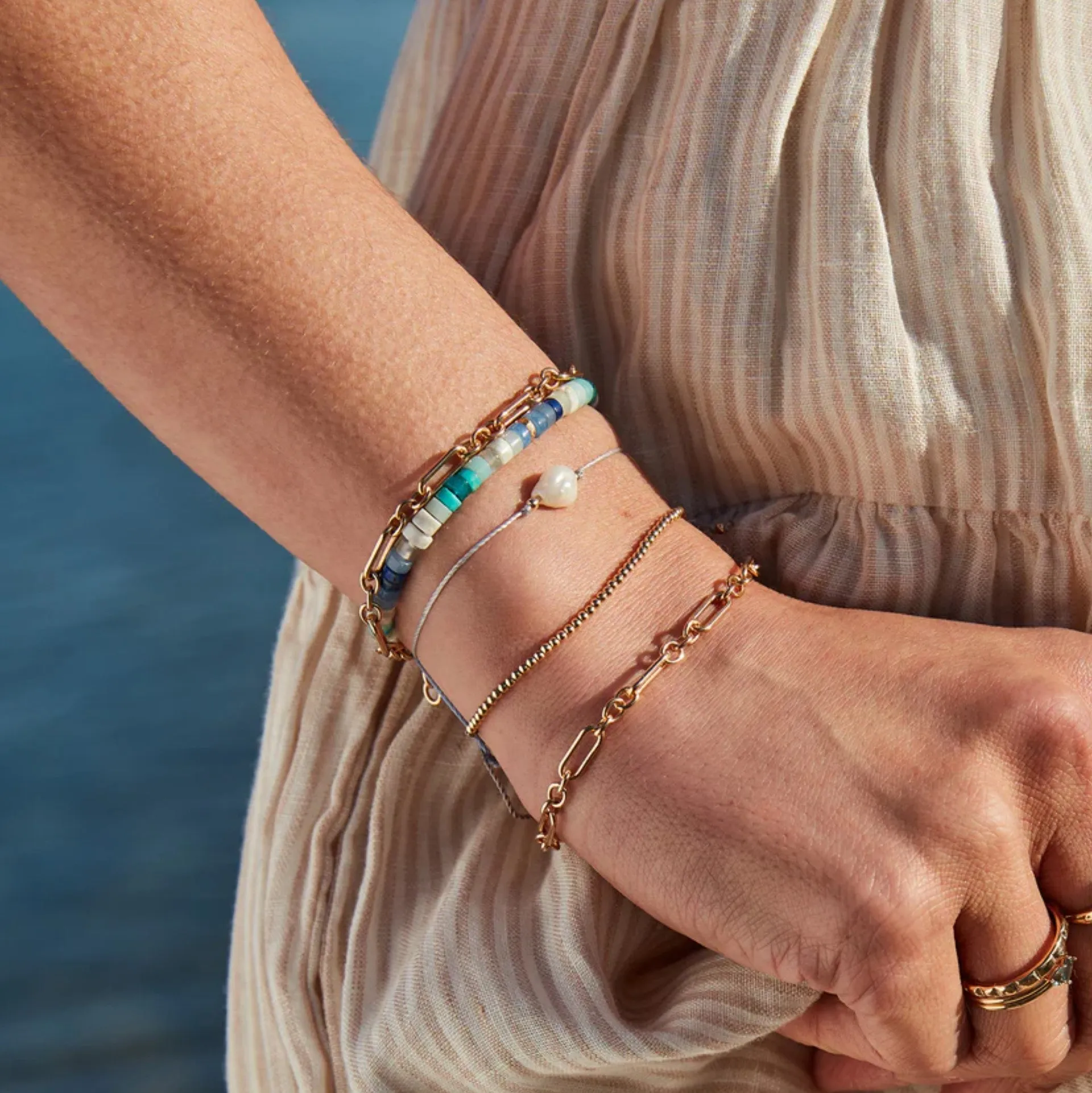 Ocean Blu Bead Cord Bracelet (14K Gold)