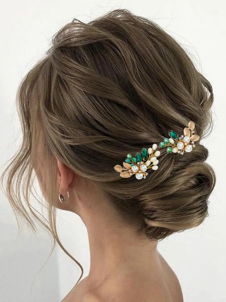 Pearl Bride Wedding Hair Pins Gold Leaf Hair Pieces Green Crystal Bridal Hair Accessories