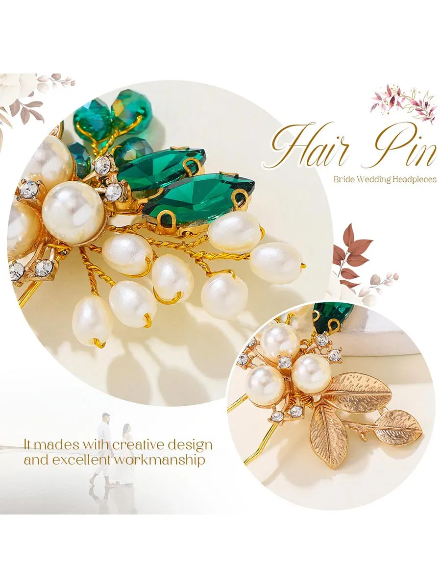 Pearl Bride Wedding Hair Pins Gold Leaf Hair Pieces Green Crystal Bridal Hair Accessories