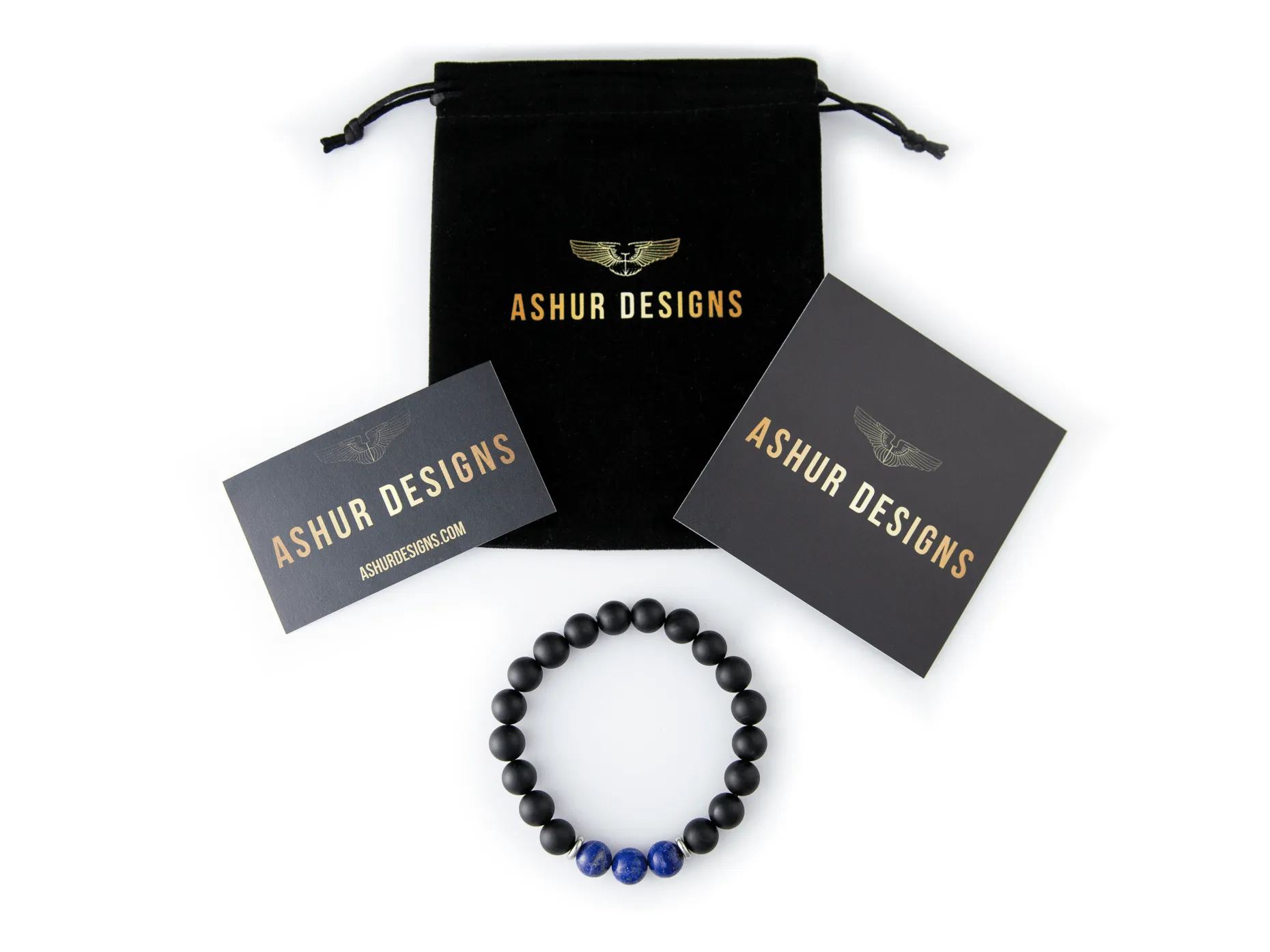 "Orion's Belt" 10mm Natural Gemstone Bead Bracelet Lapis Lazuli and Matte Onyx