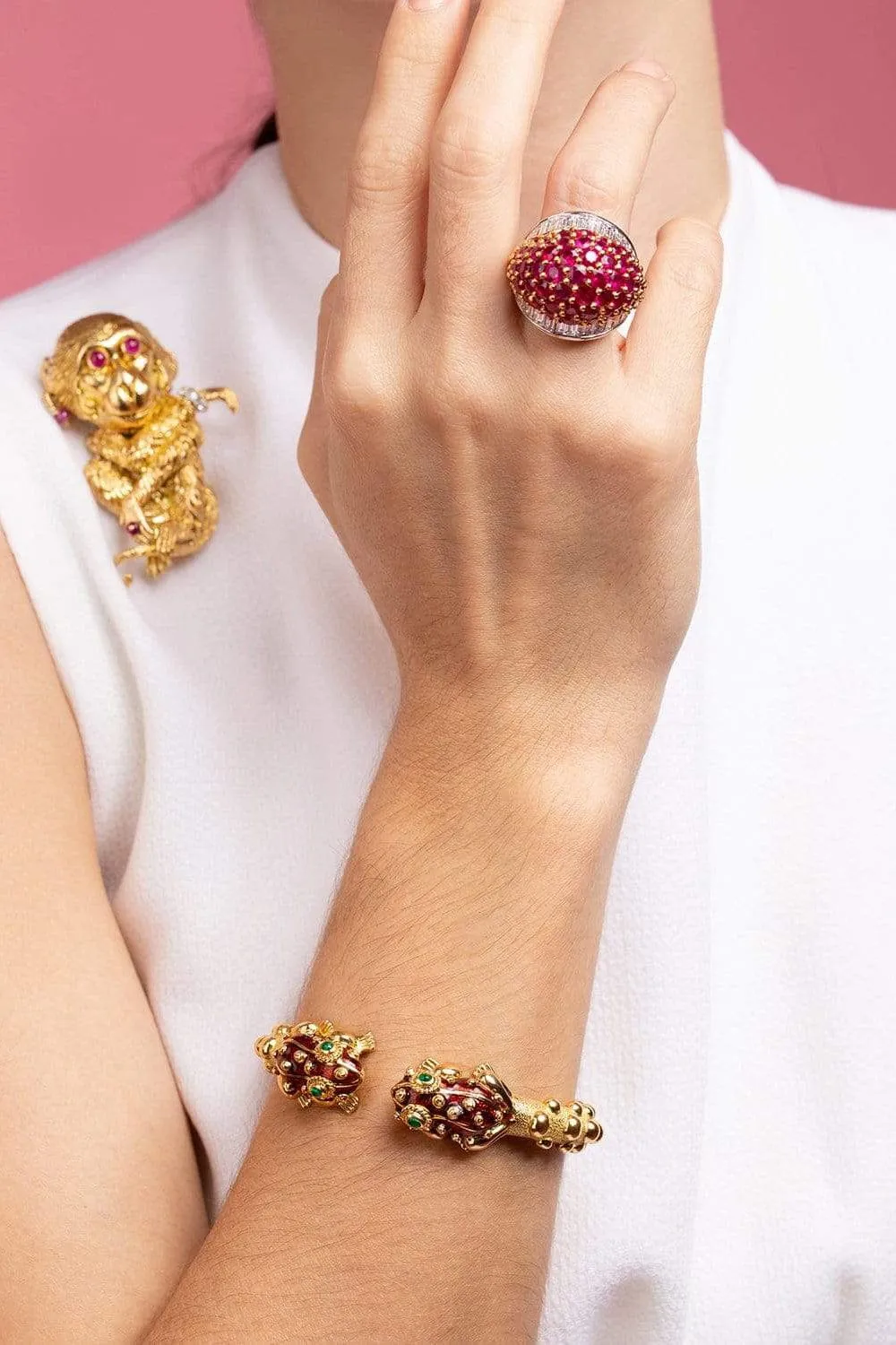 Red Enamel and Emerald Baby Frog Bangle