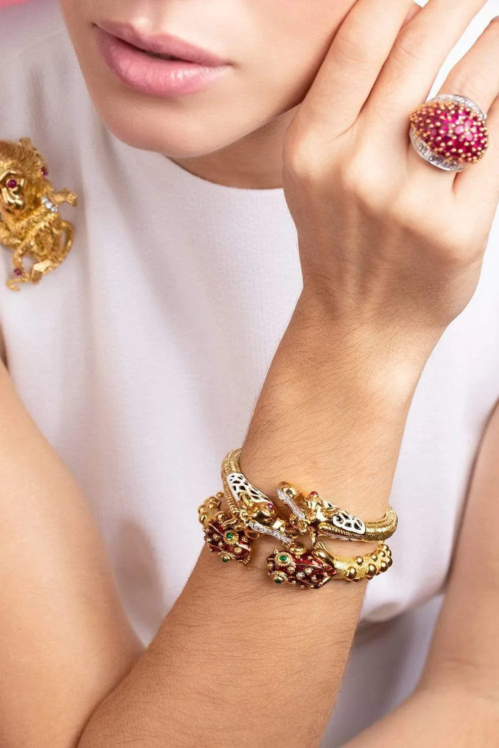 Red Enamel and Emerald Baby Frog Bangle