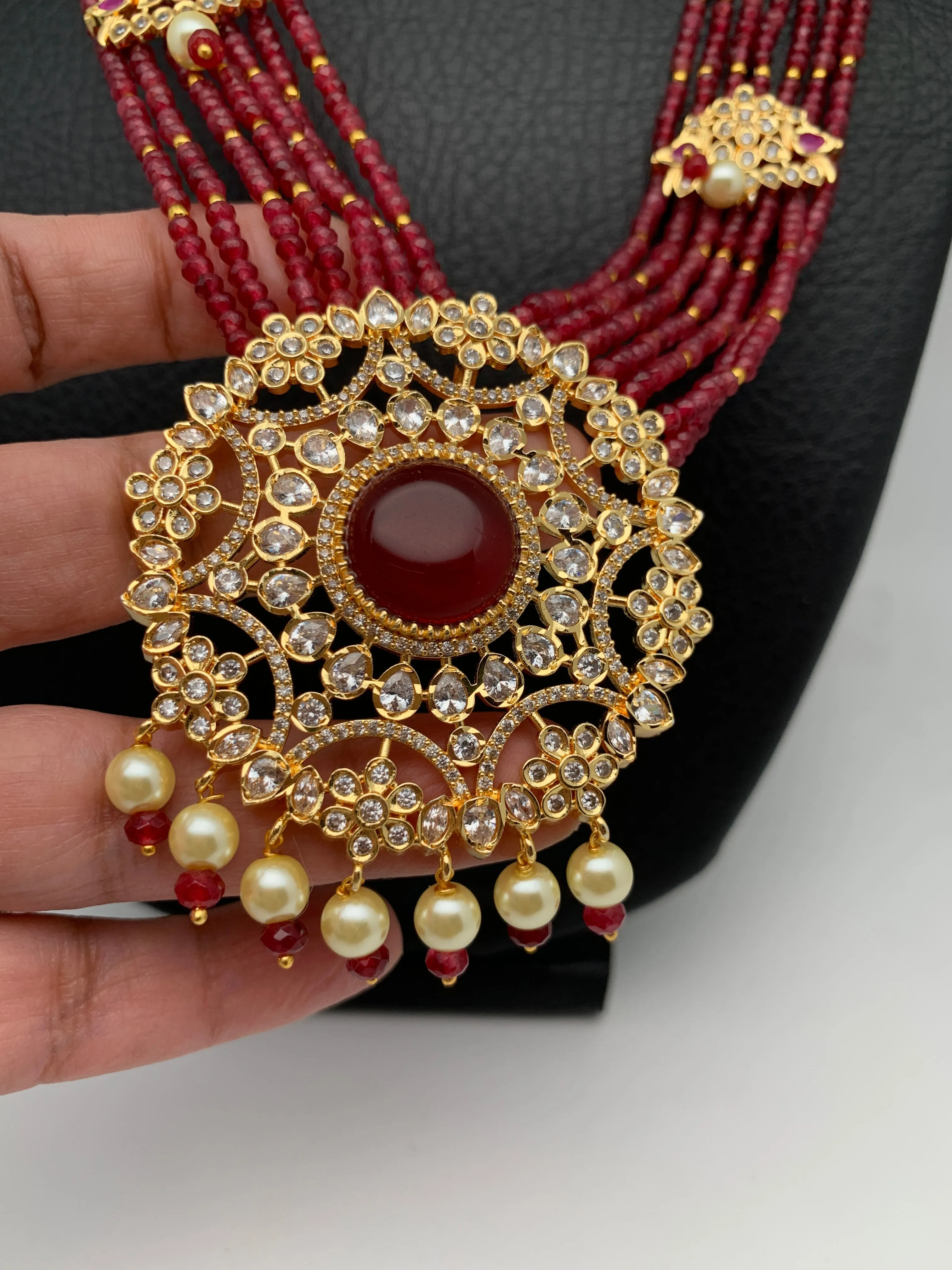 Red Stone AD Pendent and Pink Onyx Beads Necklace