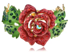 Ruby Emerald Rose Flower Leaf Bracelet Bangle Cuff