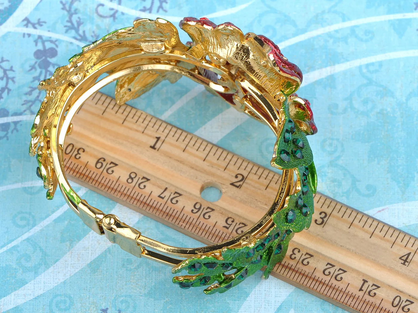 Ruby Emerald Rose Flower Leaf Bracelet Bangle Cuff