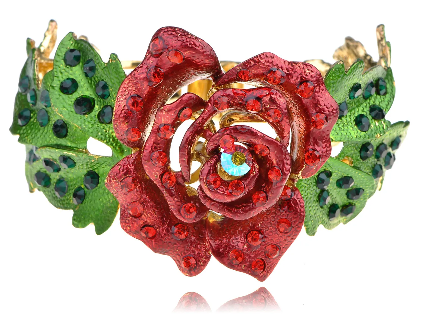 Ruby Emerald Rose Flower Leaf Bracelet Bangle Cuff