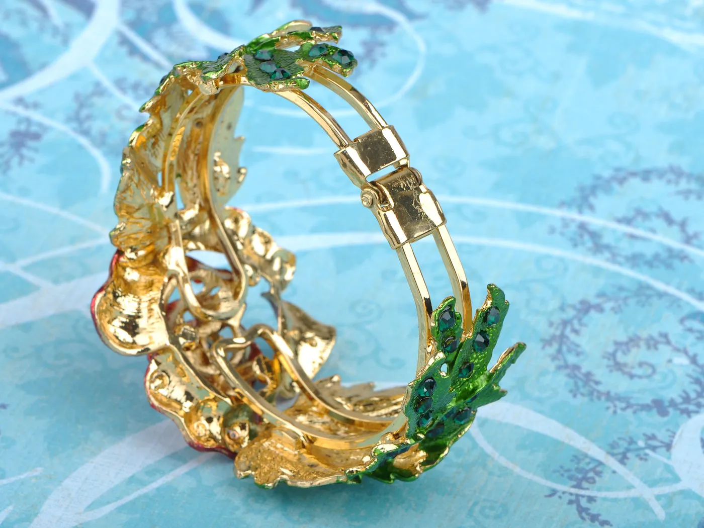 Ruby Emerald Rose Flower Leaf Bracelet Bangle Cuff